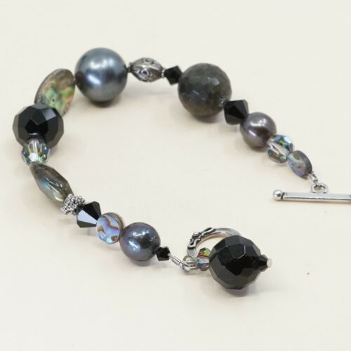 6.5”, Vtg Sterling Silver Handmade bracelet With Gray Pearl N Ceystal Beads