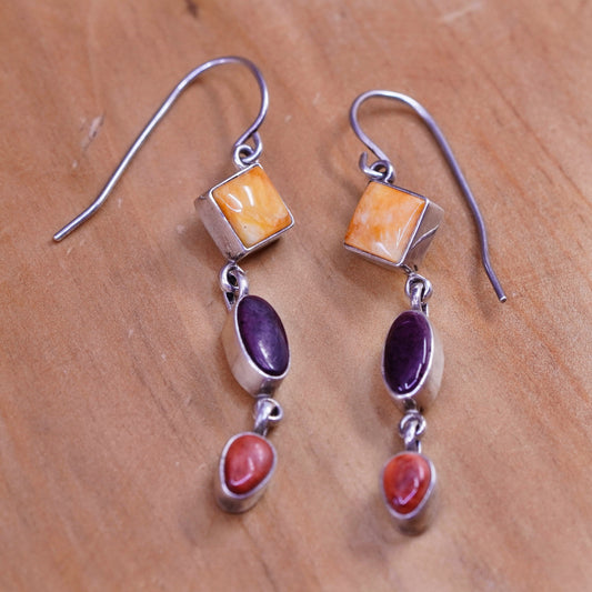 Vintage Sterling 925 silver handmade earrings with Amber coral purple turquoise