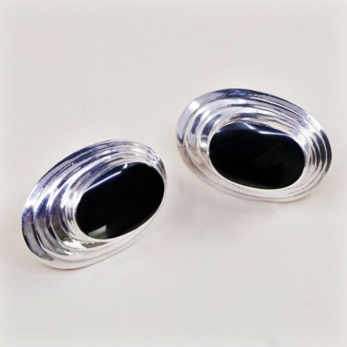 Vintage Sterling Silver Handmade Earrings, Mexico 925 Studs W/ Obsidian
