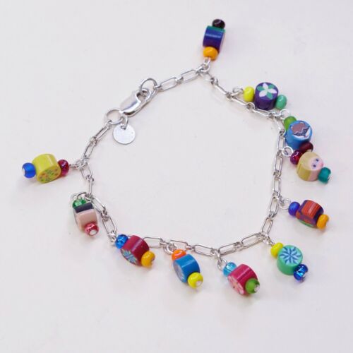 7” Vtg Imagine Sterling Silver Handmade Bracelet, 925 chain w/ Colorful charms