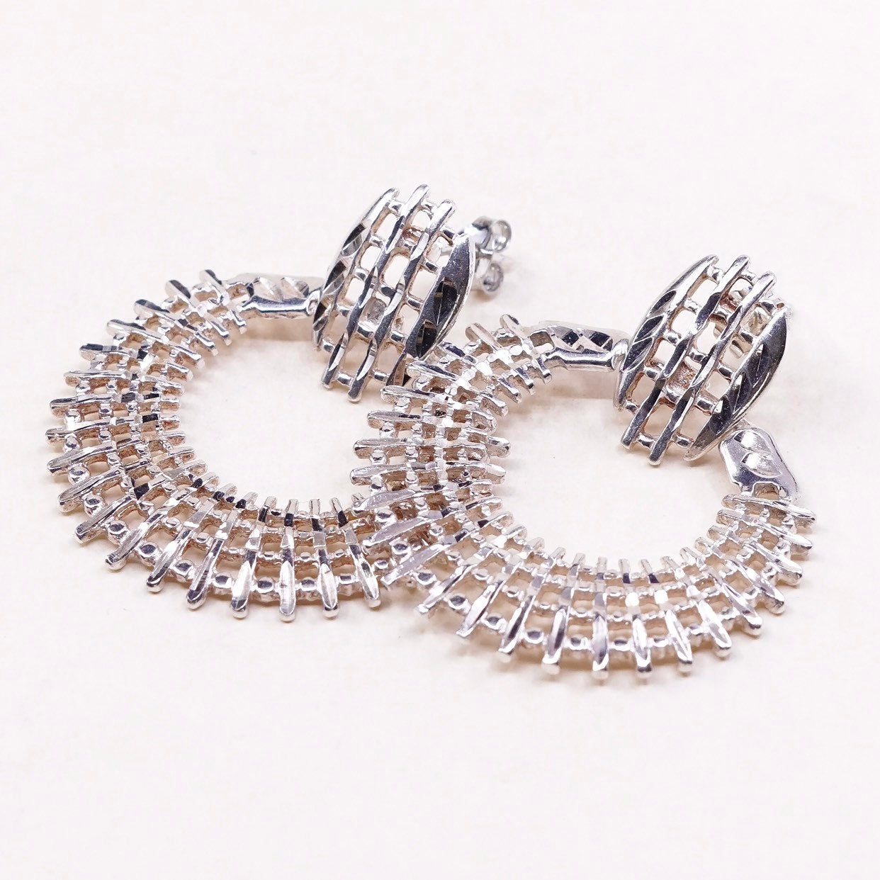 sterling 925 silver handmade earrings big circles dangle, stamped 925 NF