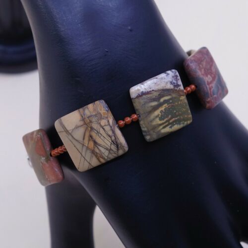 7.25”, Vintage Sterling Silver Handmade Bracelet, 925 Silver Toggle W/ Jasper