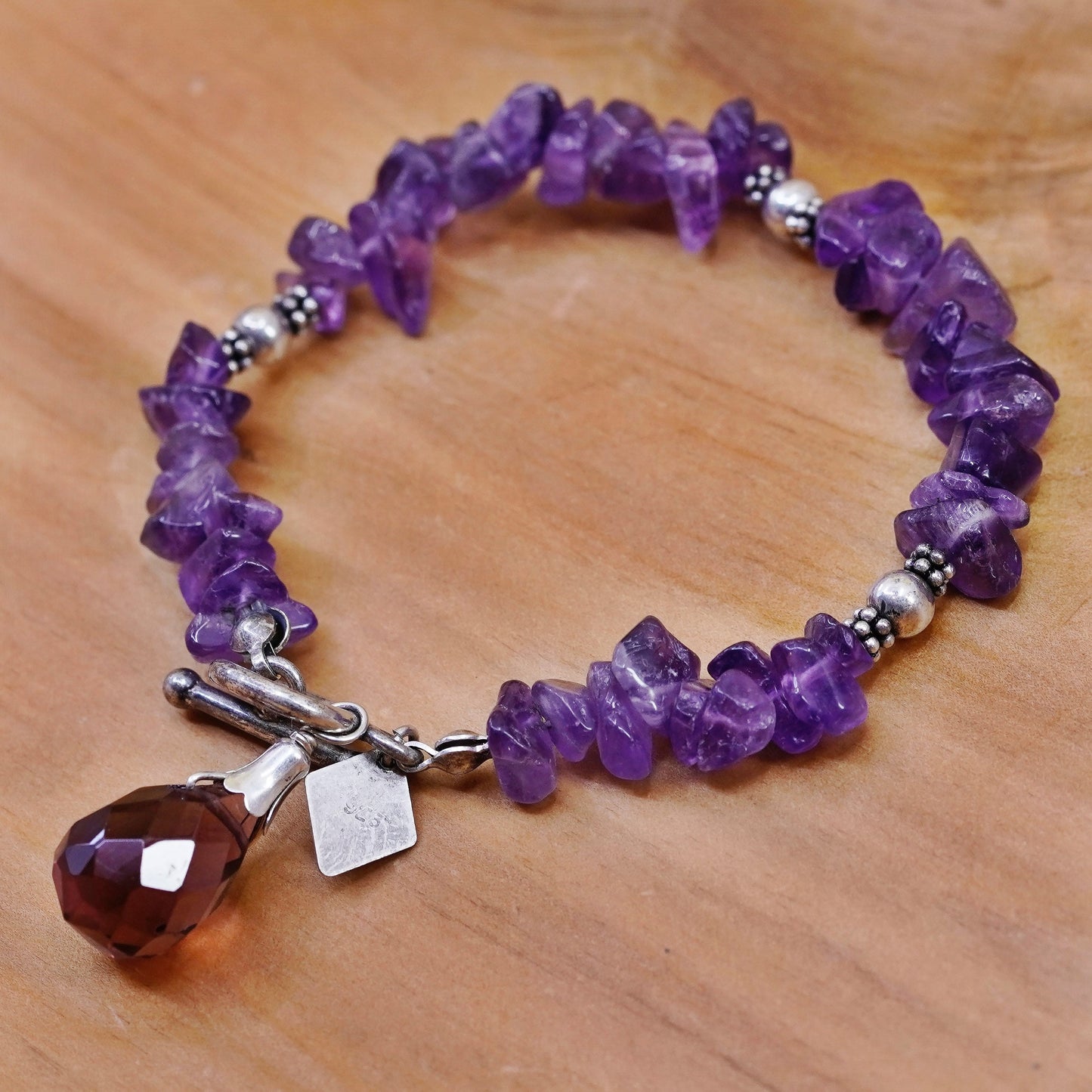 6.5”, Sterling silver handmade bracelet, irregular amethyst beads teardrop