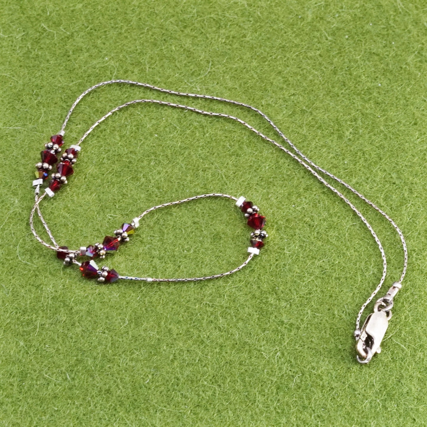 16”, vintage Sterling silver necklace, Italy 925 snake chain with garnet beads