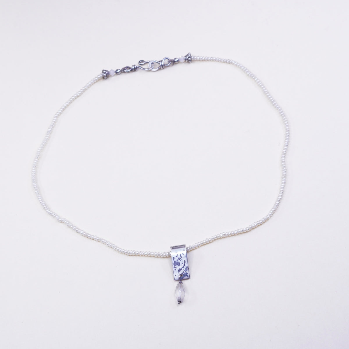 16”, Vintage genuine pearl beads necklace chain w/ sterling 925 silver pendant