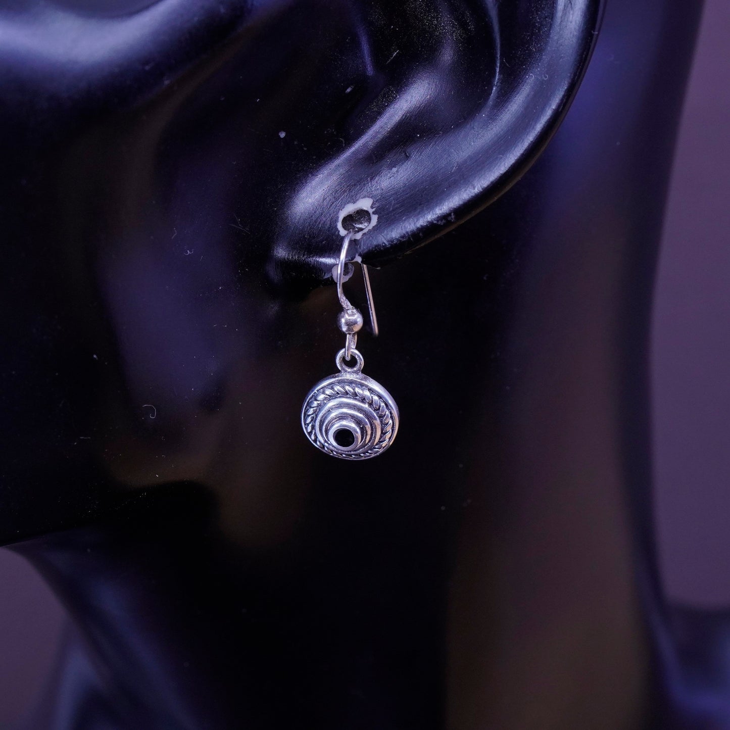 Vintage Sterling silver handmade earrings, Mexico 925 circle with obsidian