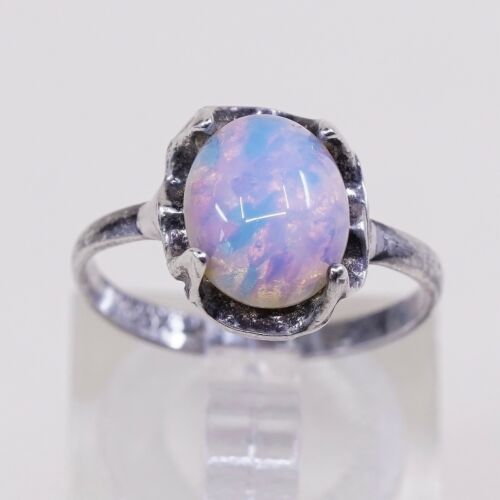Sz 6, Vtg Sterling Silver Handmade Ring, 925 Silver Band W/ Artificial opal