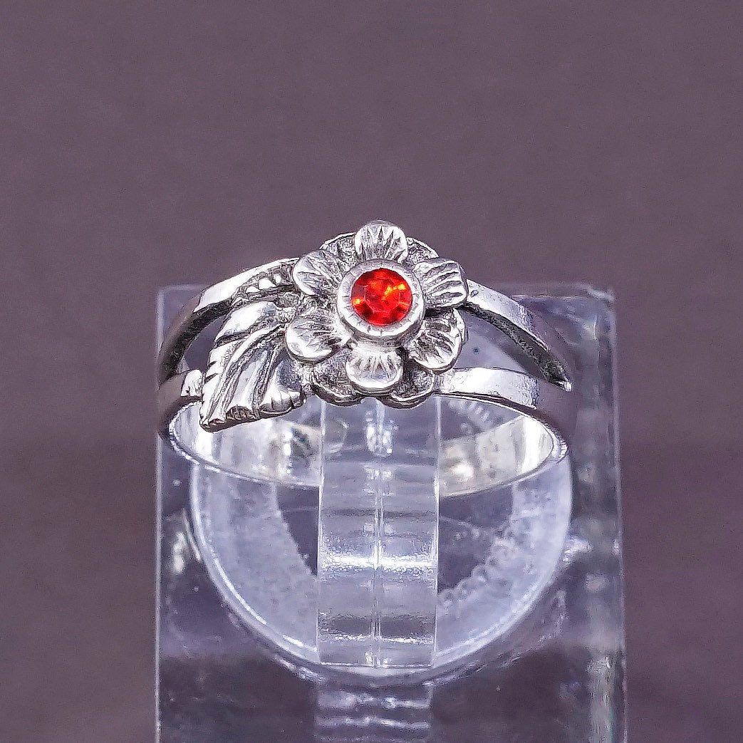 sz 4.25, vtg Sterling silver handmade ring, 925 flower and leaves w/ cz