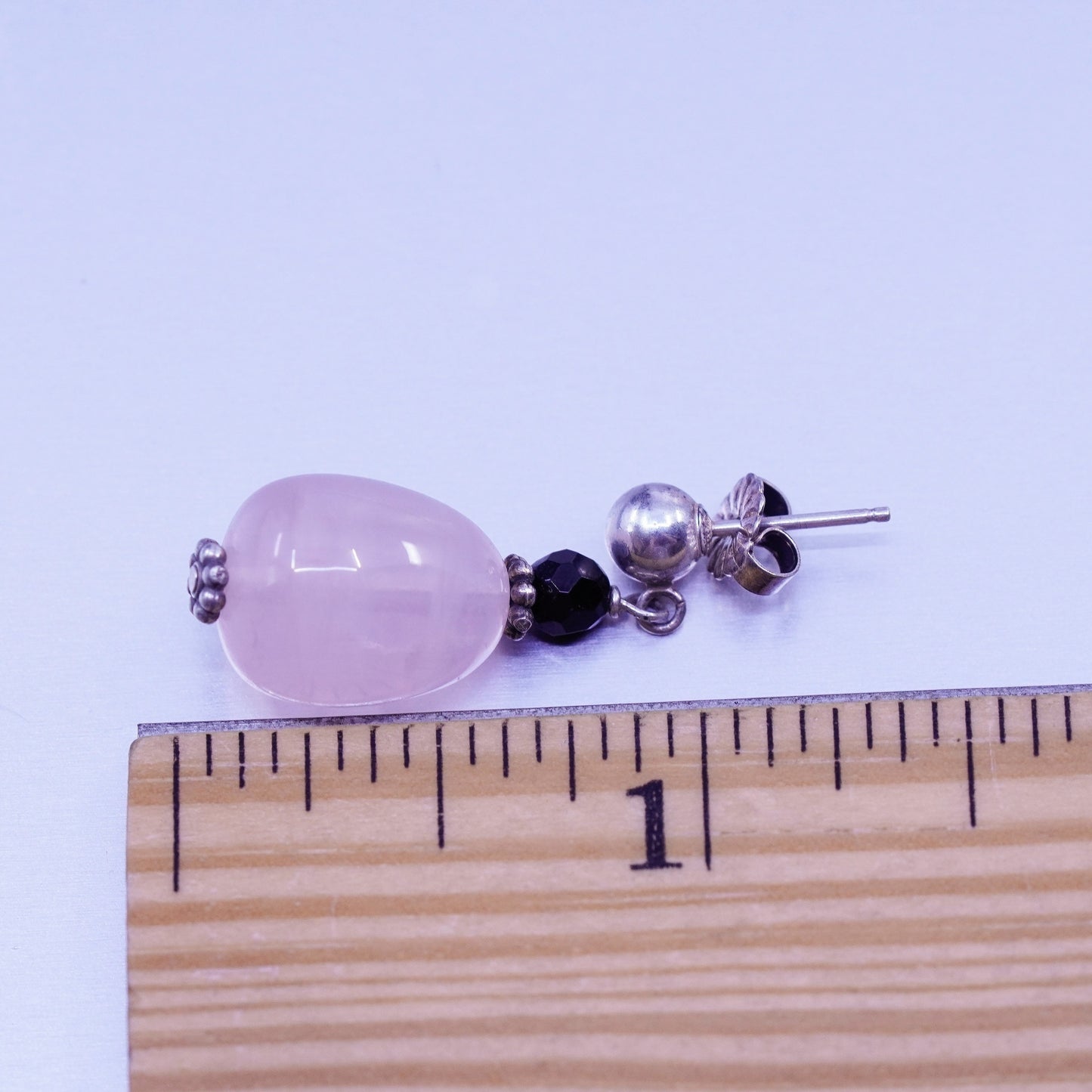 Vintage Sterling 925 silver handmade earrings with pink rose quartz