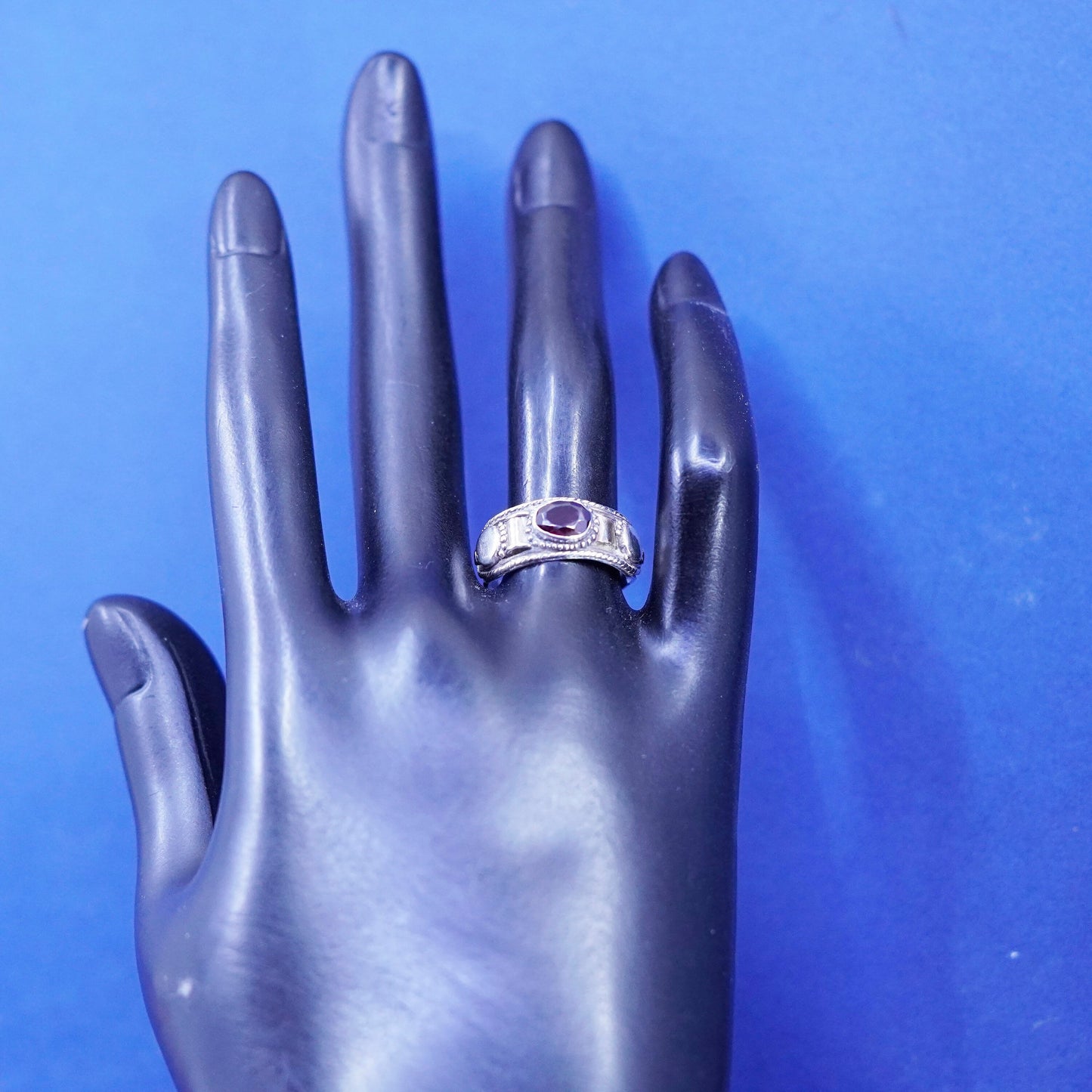 Size 7.75, vintage Sterling 925 silver handmade ring, 925 stackable band ruby