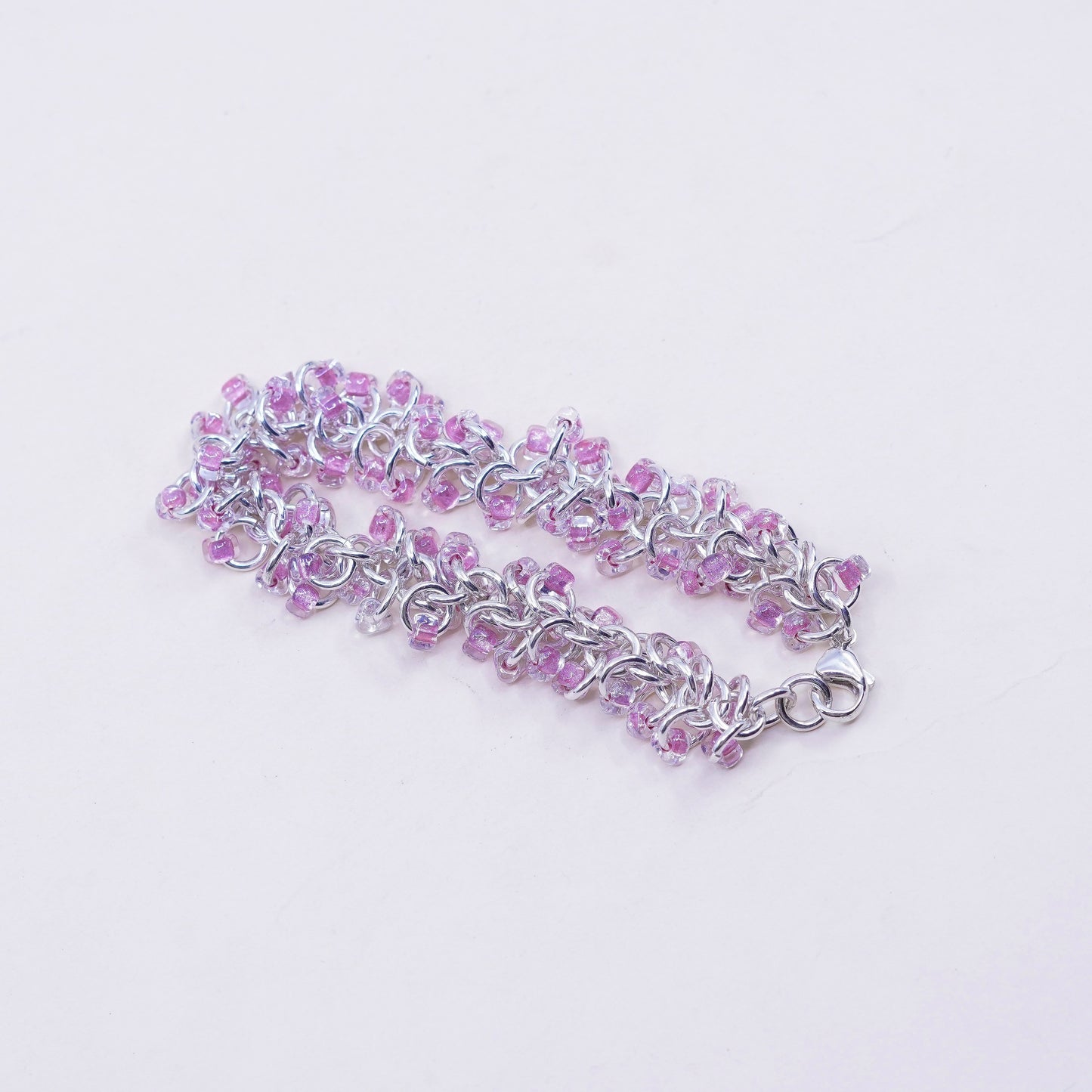 7”, Vintage sterling silver bracelet, 925 circle chain with cluster pink beads