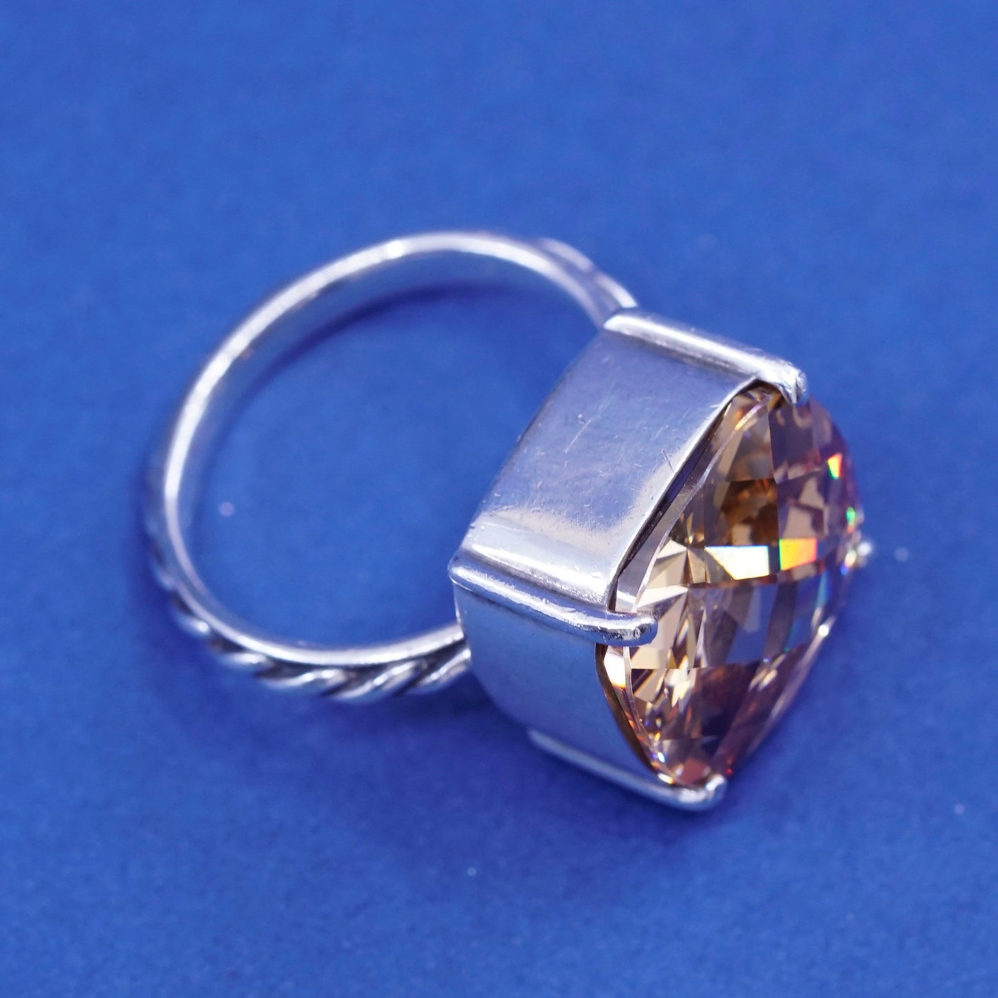sz 7.75 vtg Sterling silver ring, 925 with cushion cut citrine N clear crystal