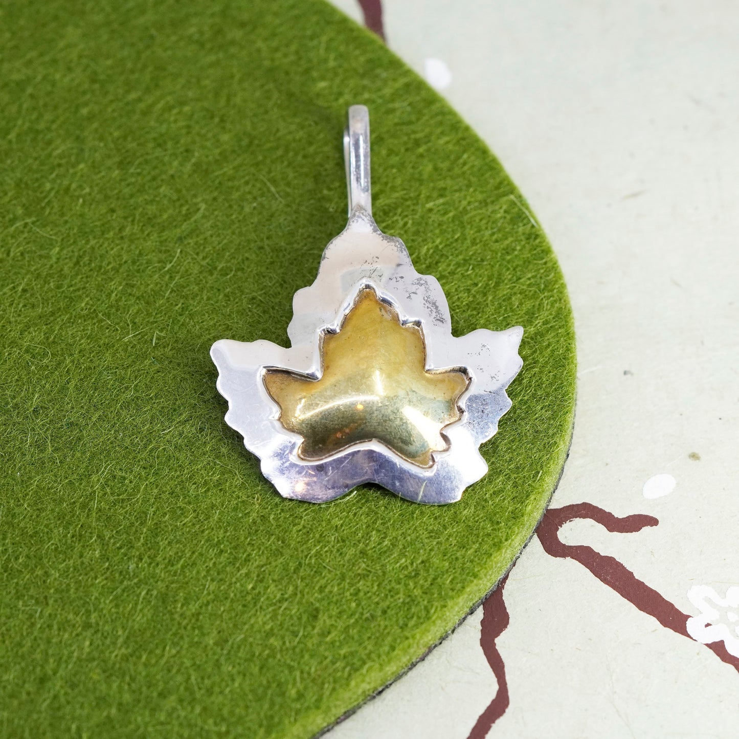 Vintage Sterling silver handmade pendant, 925 maple leaf with brass