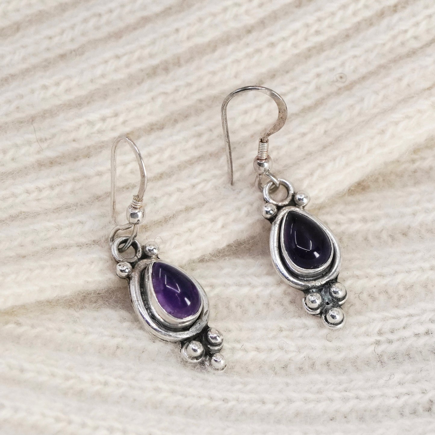 Vintage sterling 925 silver handmade earrings with teardrop amethyst and beads