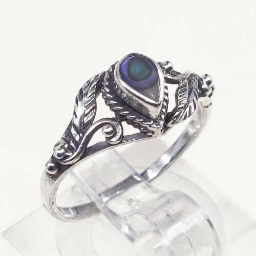 Size 5.5, Vtg Sterling 925 Silver Handmade Ring W/ Abalone N Leaves Around