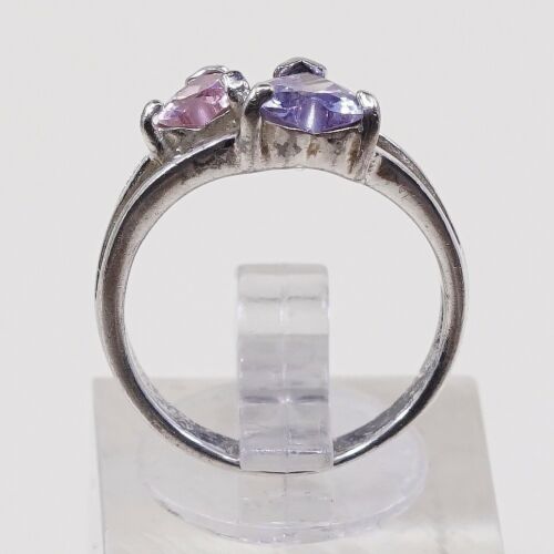Sz 6 Vtg Sterling Handmade Ring, 925 Double Heart W/ Pink N Amethyst Cz