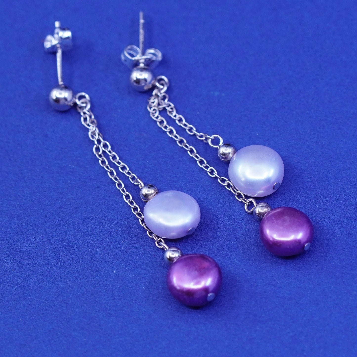 Sterling silver handmade earrings, 925 fringe with red and white pearl drops