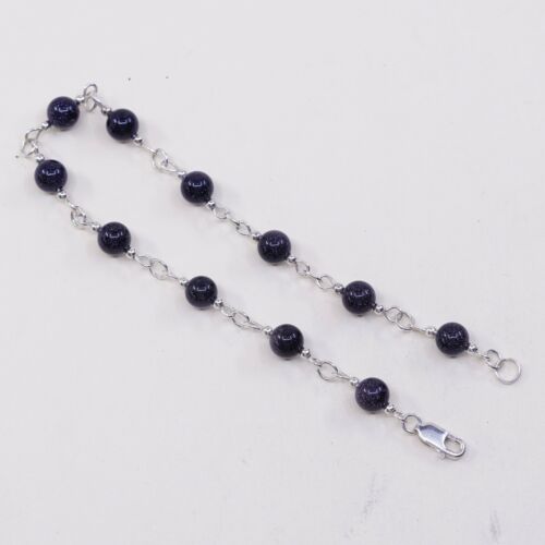 8”, Vtg Sterling 925 Silver Handmade Bead Bracelet, Purple Goldstone beads