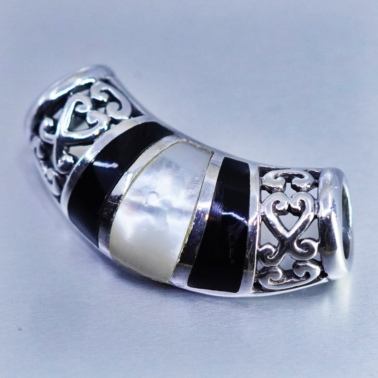 Vintage sterling 925 silver handmade Bali slide pendant w/ mother of pearl onyx