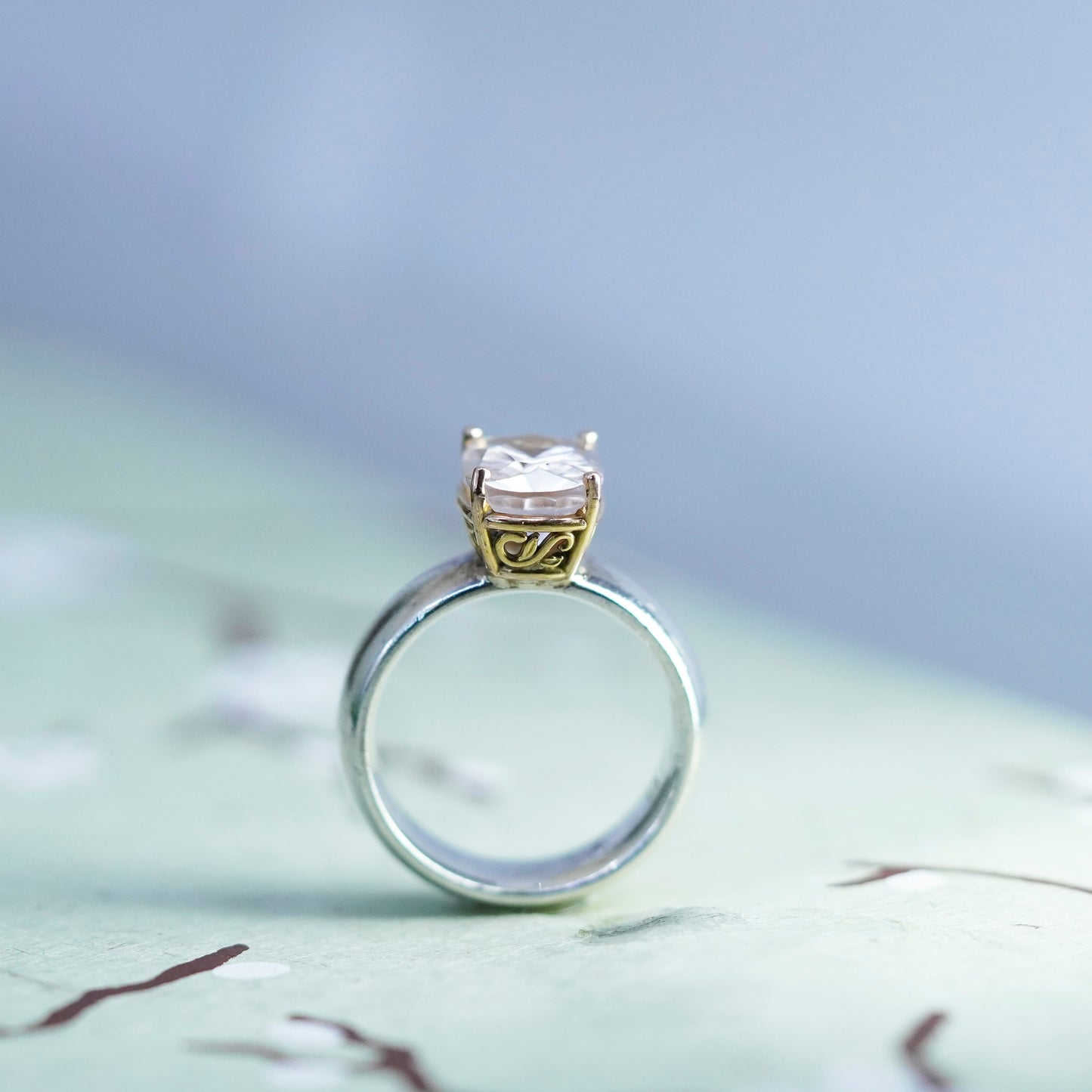 Size 7, VTG sterling 925 silver handmade pink crystal ring with 14K gold accent