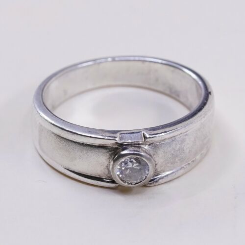 Sz 8, Vtg Sterling Silver Ring, Thailand 925 Modern Engagement Band Ring W/ CZ