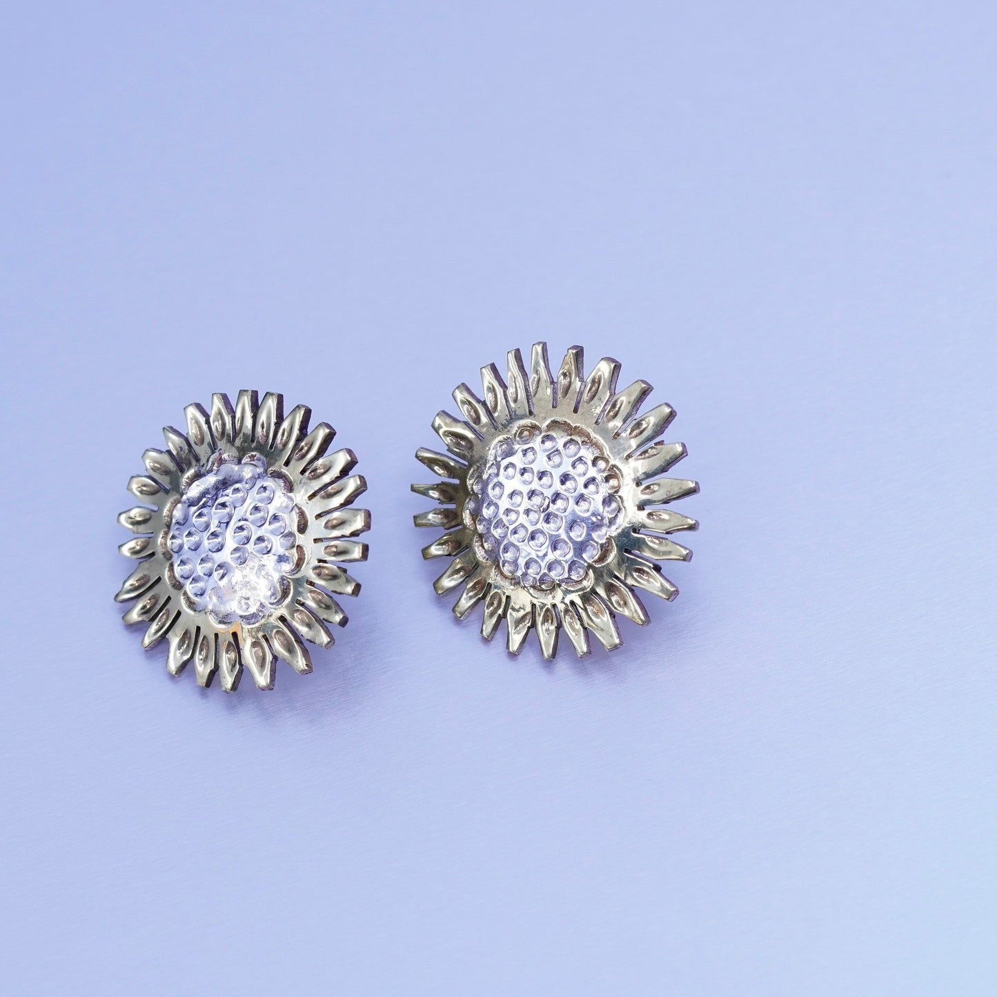 two tone Mexico Sterling 925 silver handmade earrings, sunflower flower studs
