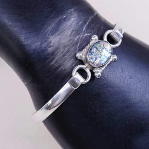 6.75”, Mexico Sterling 925 Silver Handmade Hinged Bangle W/ Foiled Glass Latch
