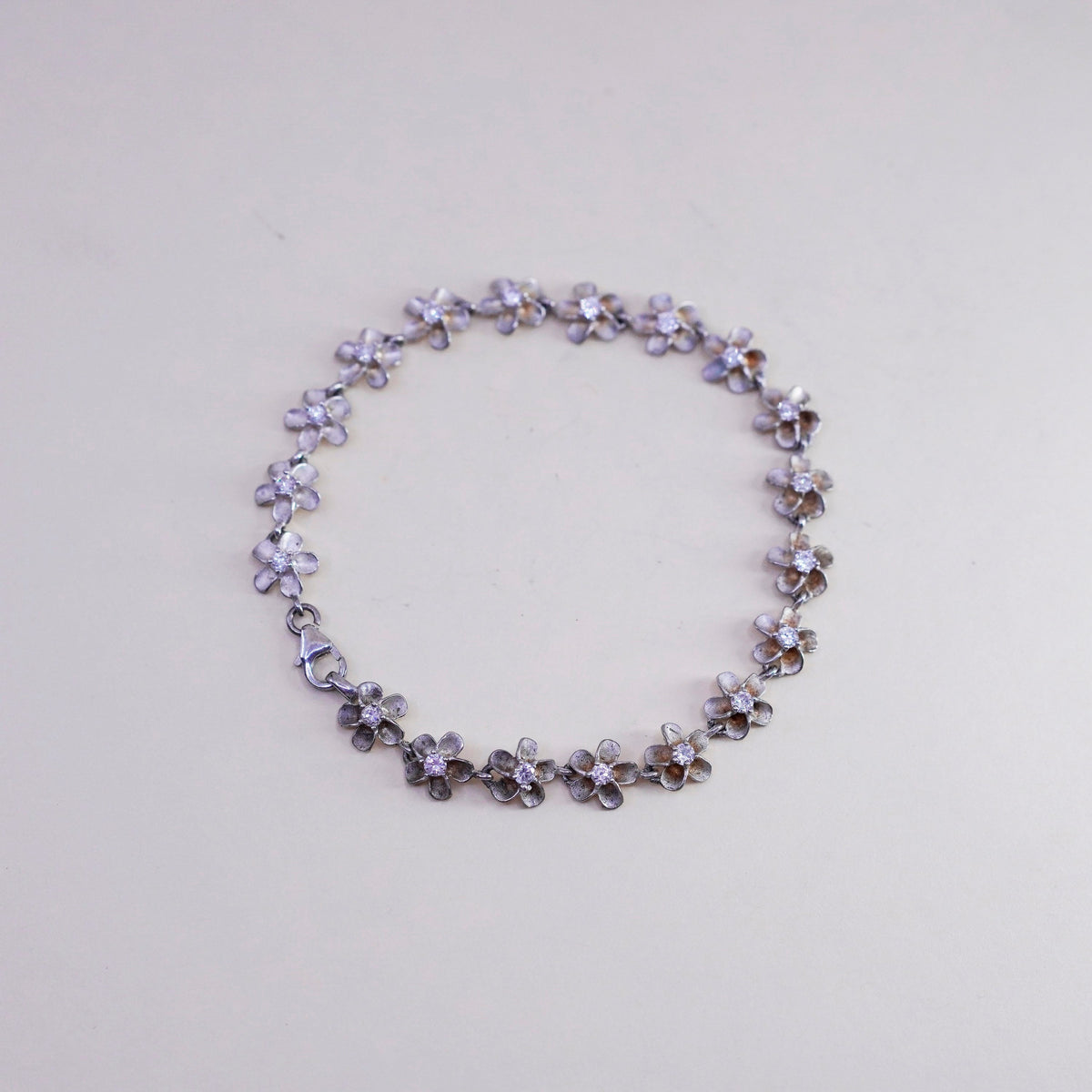7.5”, sterling silver bracelet, 925 plumeria flowers with cz, handmade jewelry