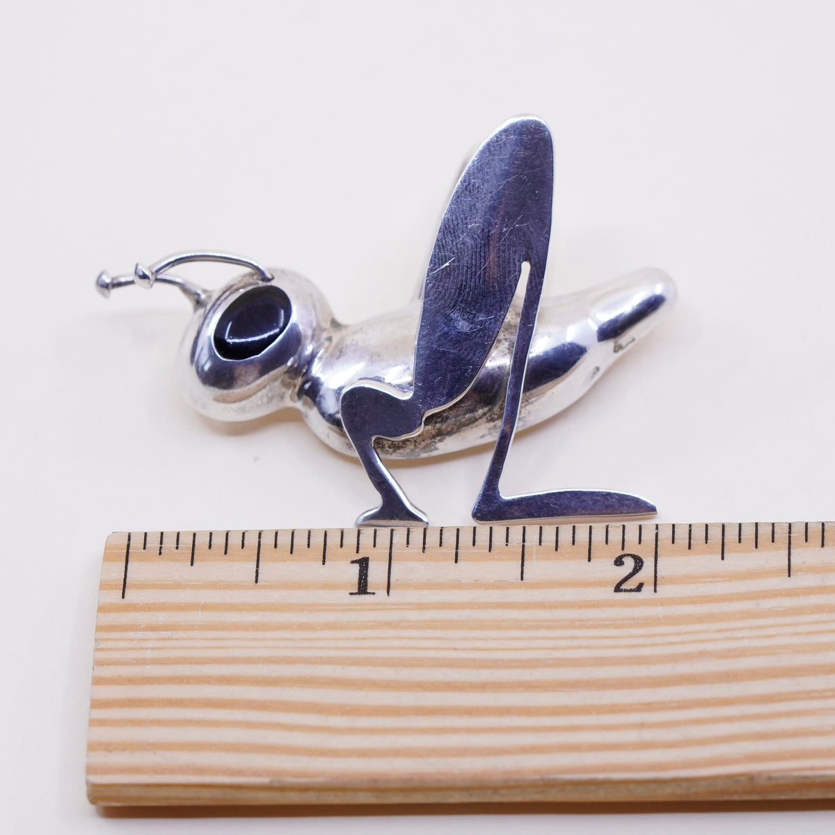Vintage Sterling silver handmade brooch, Mexico 925 pin with cricket obsidian