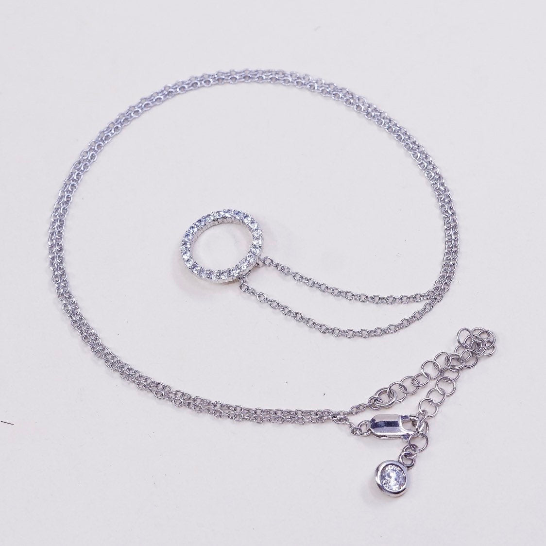 16"+2”, vtg Sterling silver necklace, 925 chain w/ circle pendant N Cz
