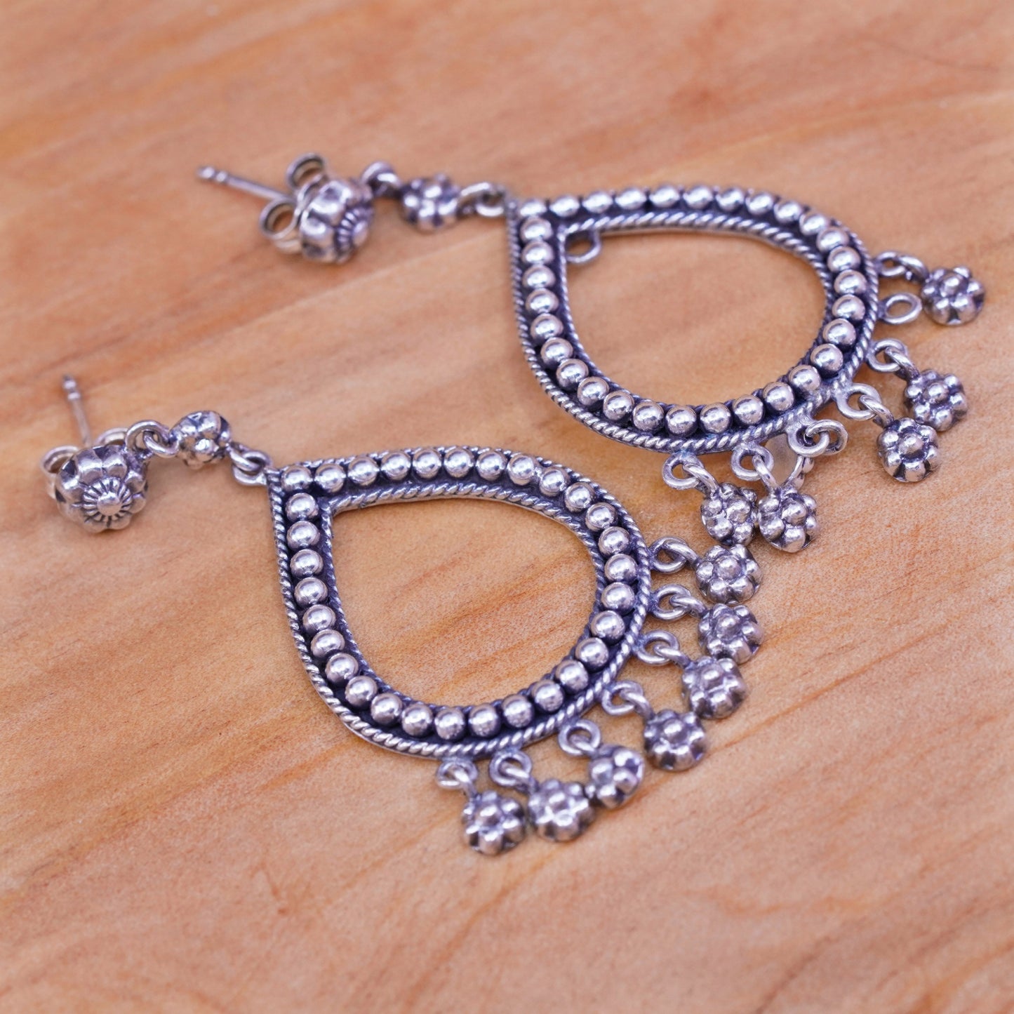 Sterling silver earrings, 925 teardrop with beads details and flower dangles