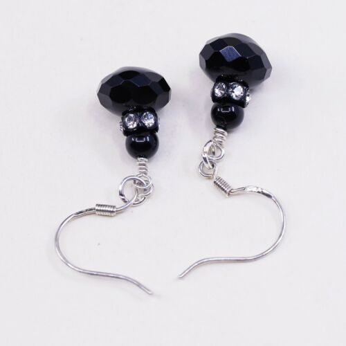 Vintage Sterling Silver Handmade Earrings, 925 Dangles W/ Obsidian N Cz