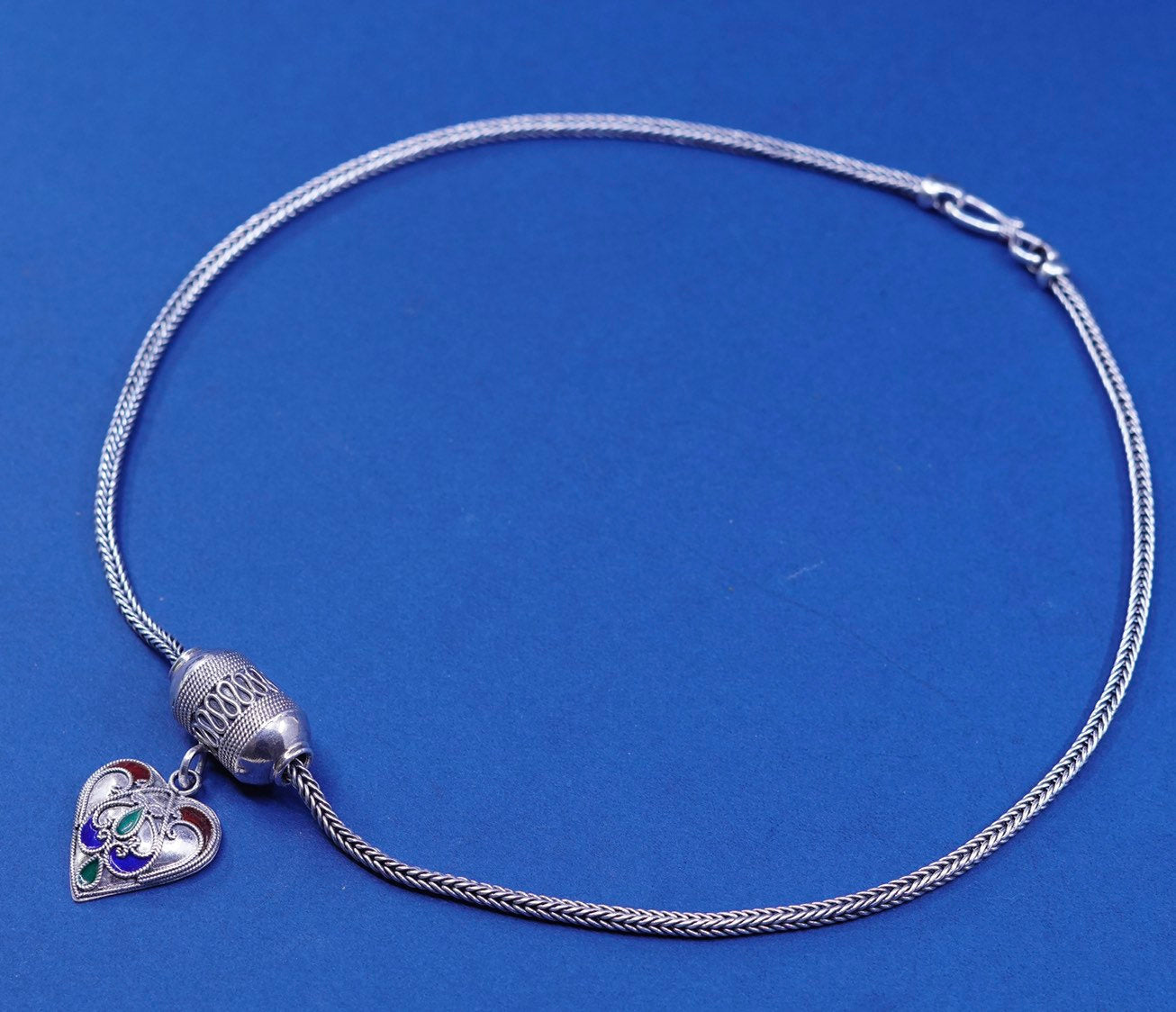 18”, sterling silver handmade necklace 925 wheat chain w/ enamel heart pendant
