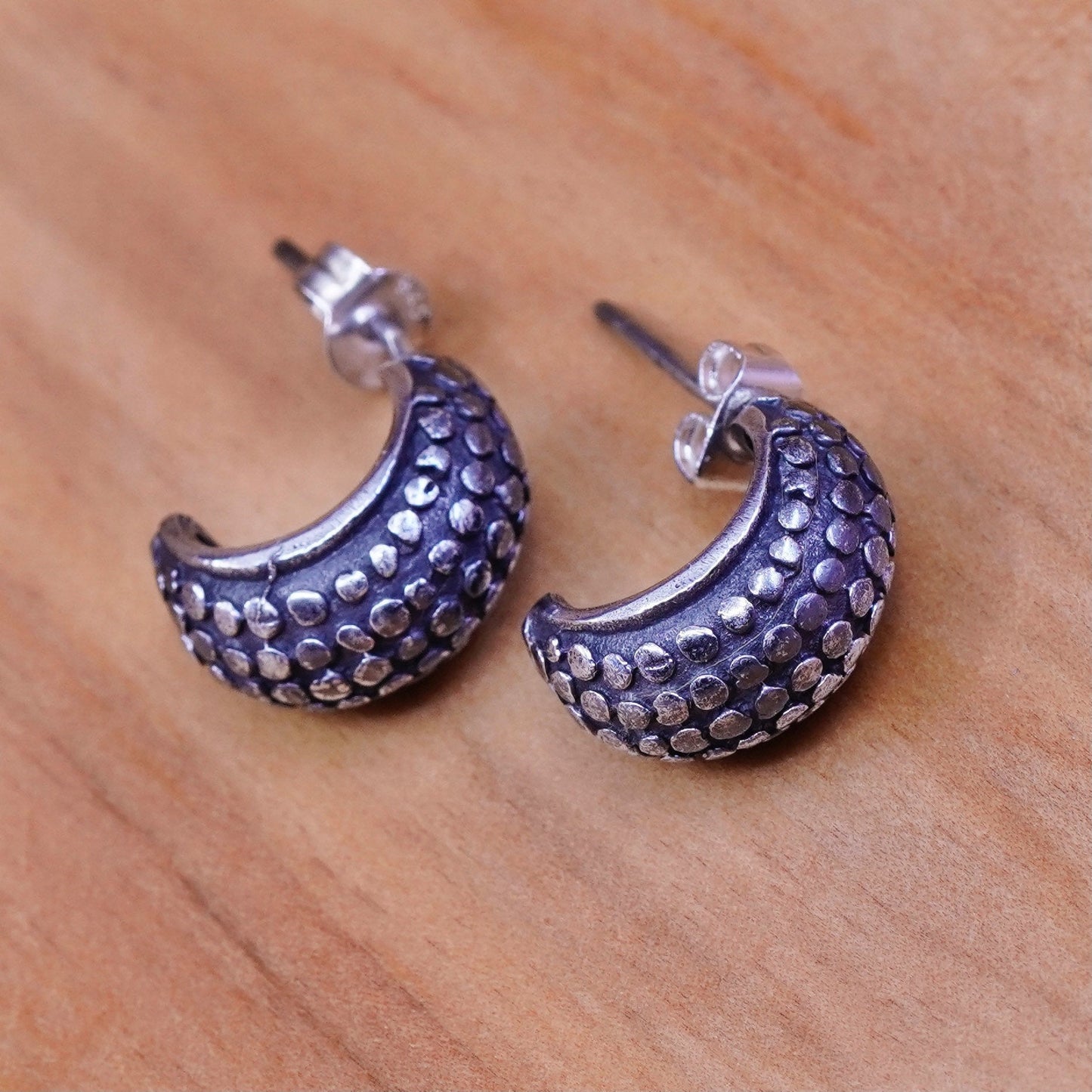 0.5”, vintage Sterling silver handmade earrings, 925 bead textured hoops