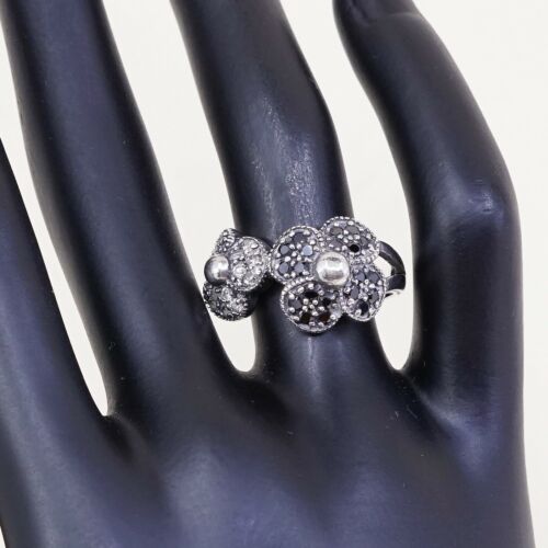 Sz 6.75, Vtg Sterling Silver Handmade Ring, 925 W/ Cluster Black Diamond Flower