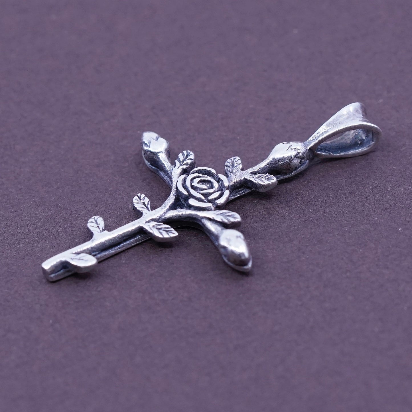 Vintage Sterling silver handmade pendant, 925 cross with flower