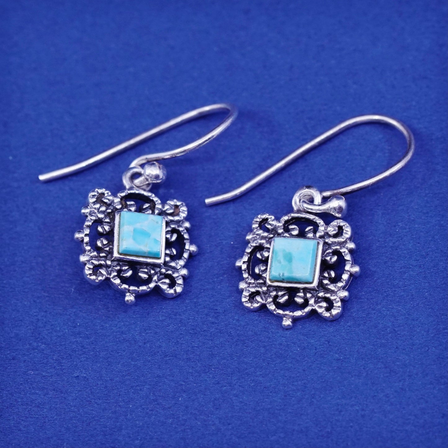 Vintage Sterling 925 silver handmade filigree earrings with square turquoise