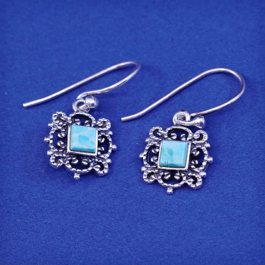 Vintage Sterling 925 silver handmade filigree earrings with square turquoise