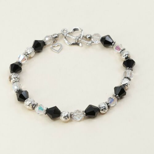 7.25”, Vtg Sterling Silver Handmade Bead Bracelet, 925 Heart Toggle W/ Crystal