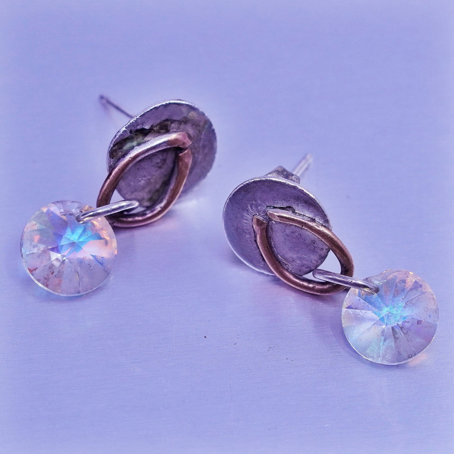 Vintage two tone Sterling 925 silver handmade studs earrings with crystal beads
