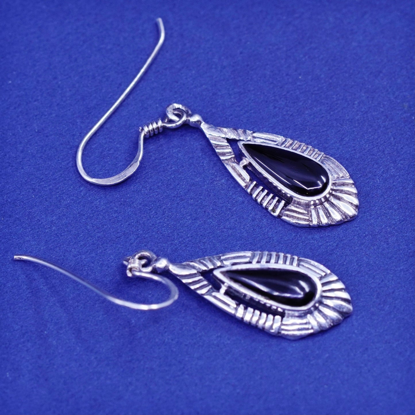 Vintage sterling 925 silver handmade earrings with teardrop obsidian