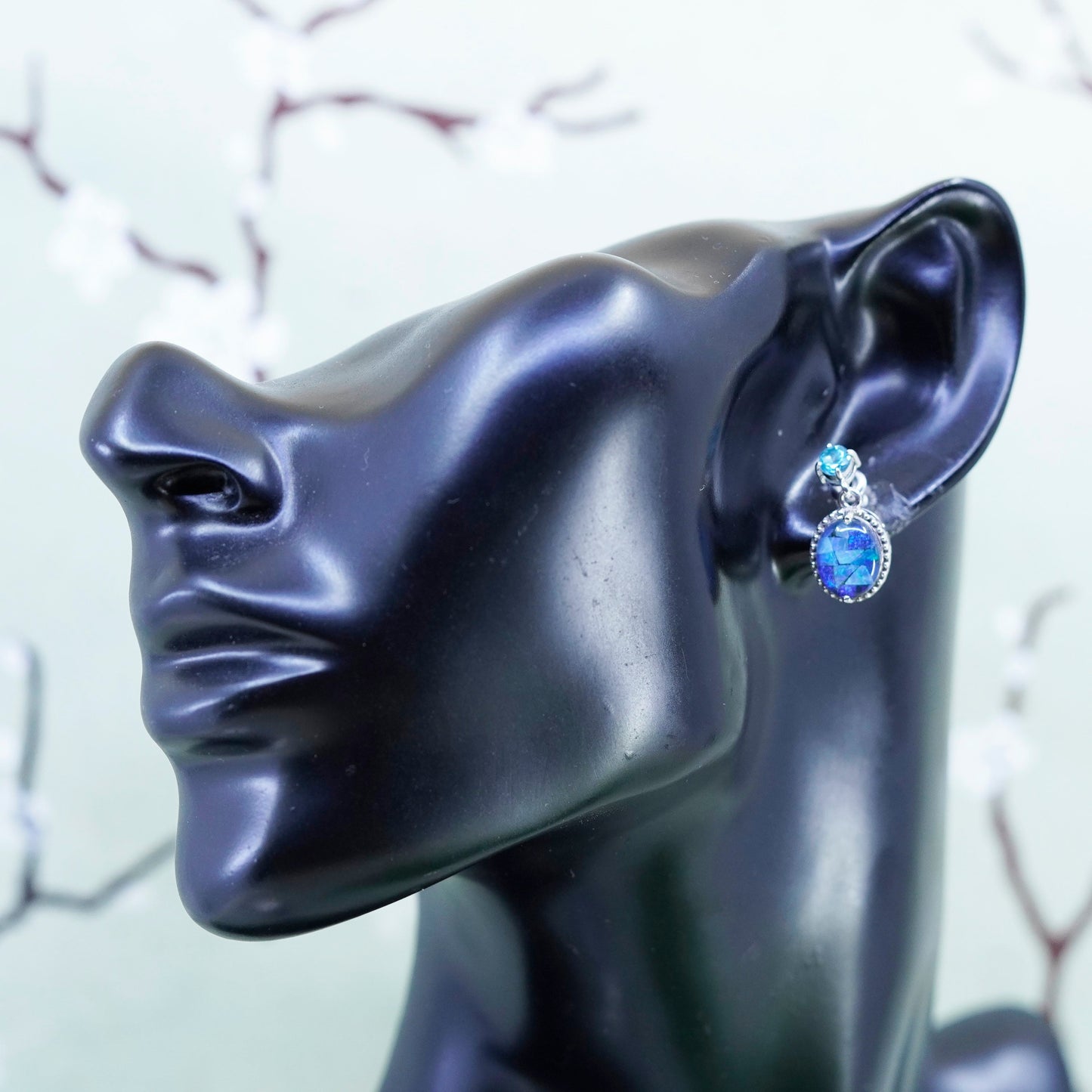 Vintage Sterling silver handmade earrings, oval dangles with opal and topaz