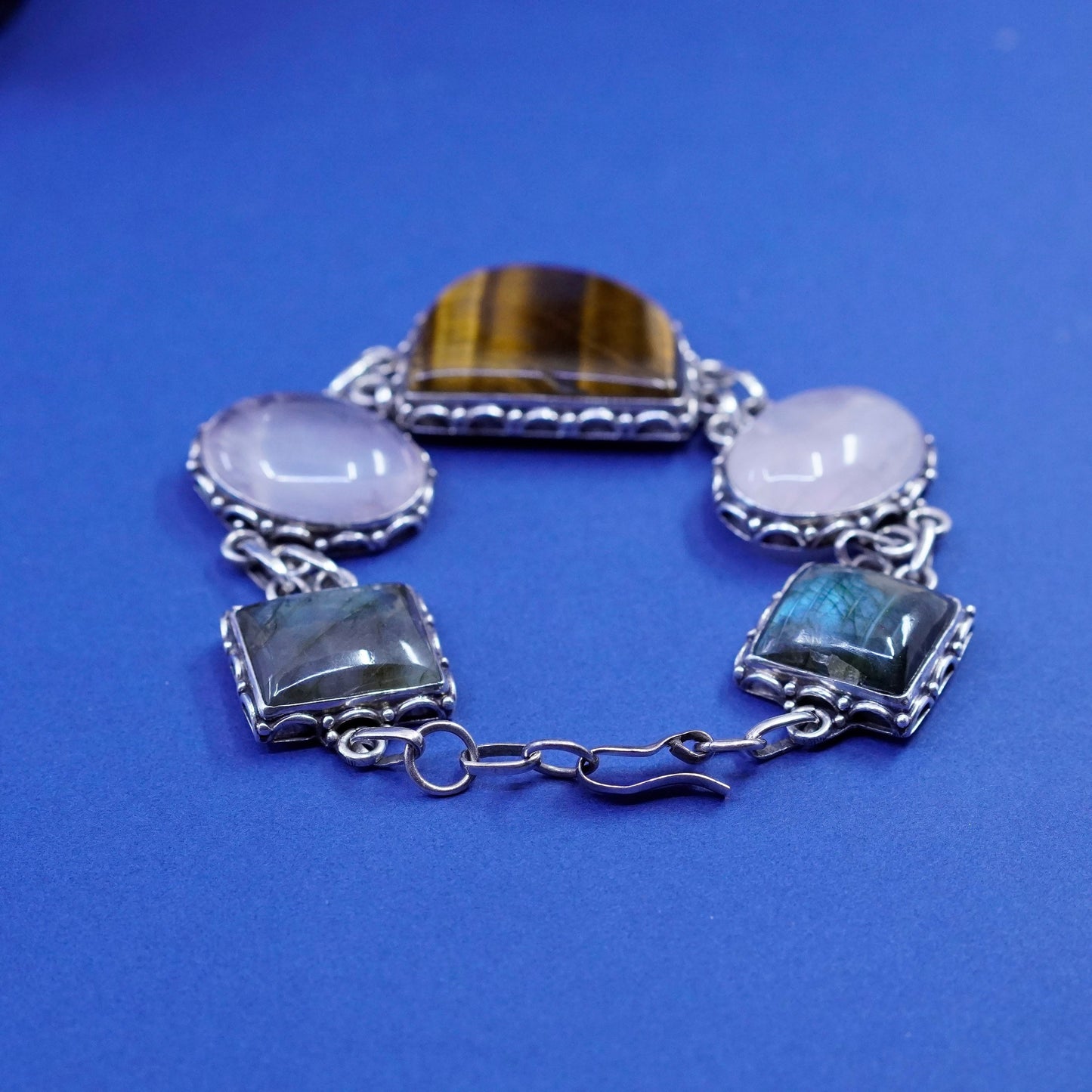7.75”, sterling silver bracelet, 925 beads golden tiger eye quartz labradorite