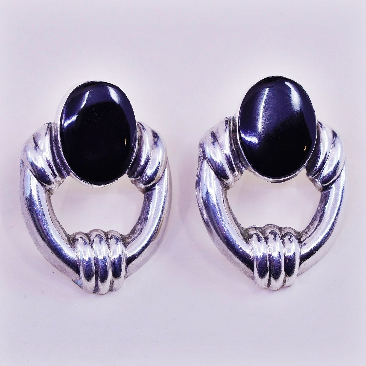 Vintage Sterling silver handmade earrings, Modern 925 ribbed stud oval obsidian
