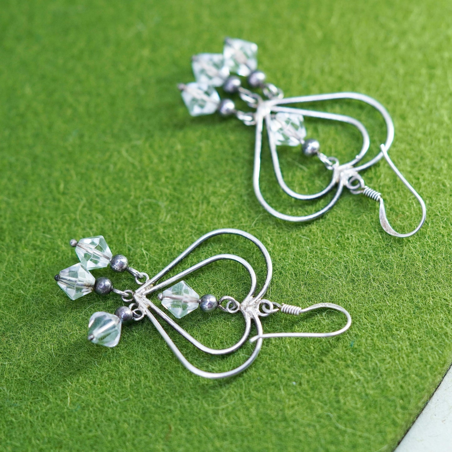 Vintage sterling silver handmade earrings, 925 heart with clear crystal