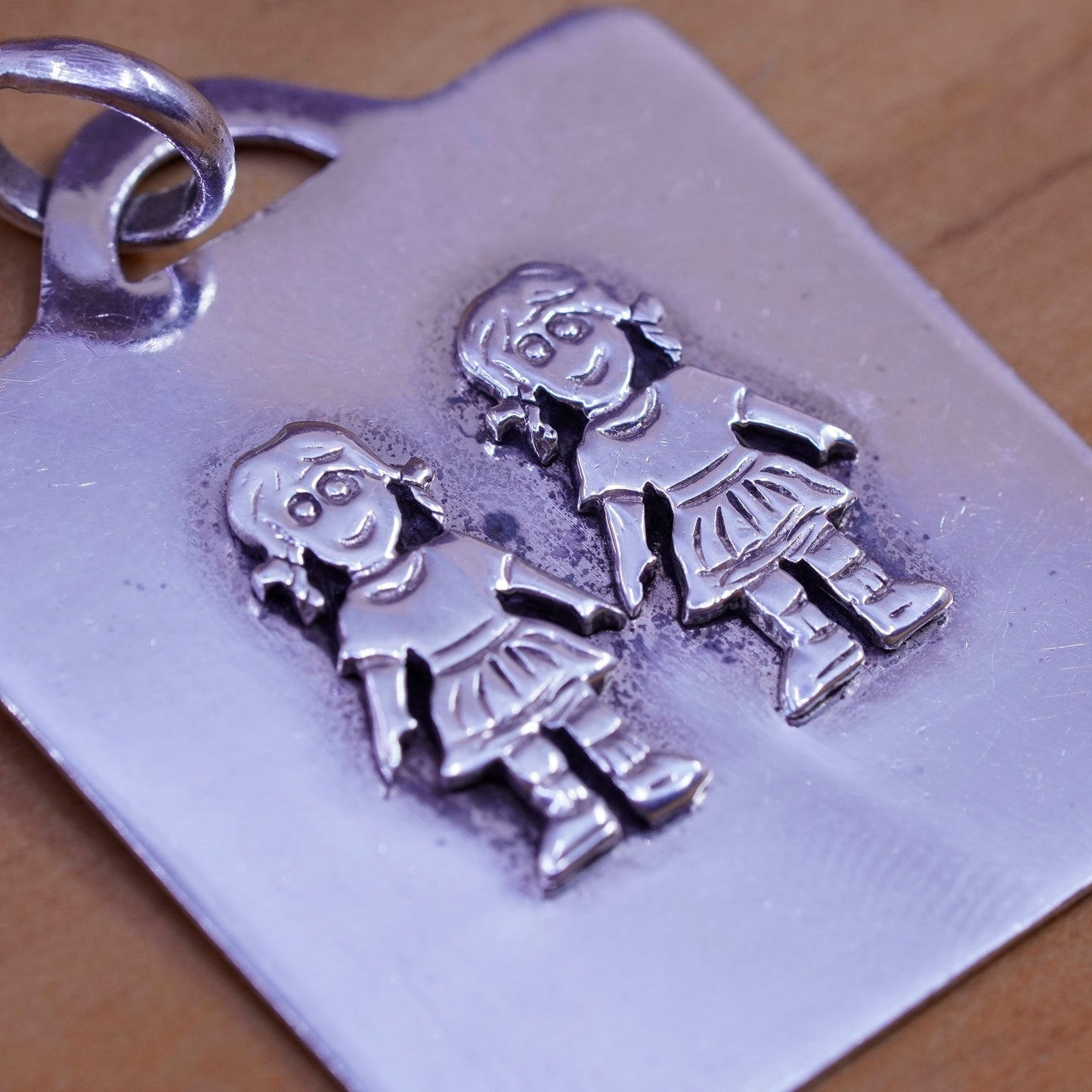 Sterling silver handmade pendant, Mexico 925 girls holding hands, friendship