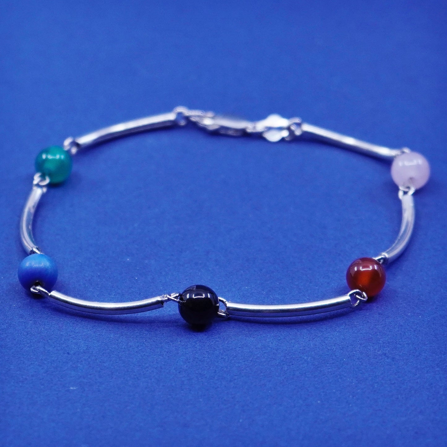 7.75”, Sterling silver bracelet, 925 bar w/ carnelian jade obsidian beads