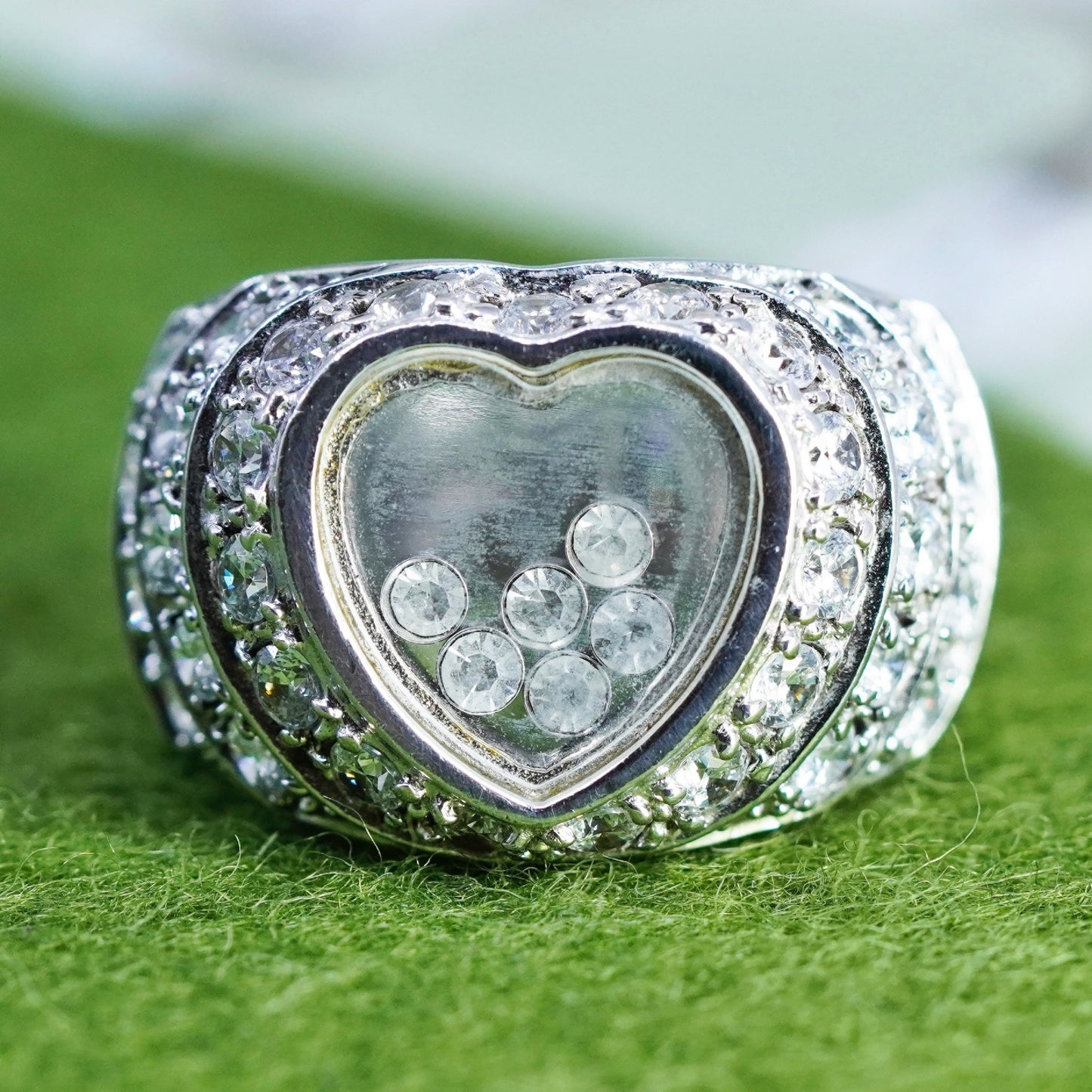 Size 9, Vintage handmade sterling 925 silver heart cz charm ring