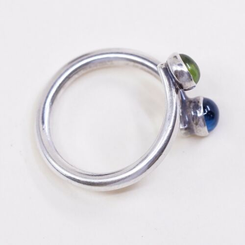Sz 7, Vtg LE Southwestern Handmade Sterling Wrap Band Ring W/ Blue N Green Glass