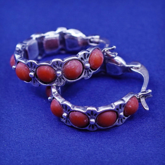 0.75”, Vintage Sterling silver earrings, 925 hoops, huggie with coral inlay